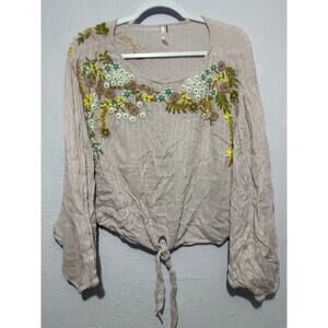 Free People Up And Away Blouse S Lavender Boho Embroidered Floral Peasant Tie